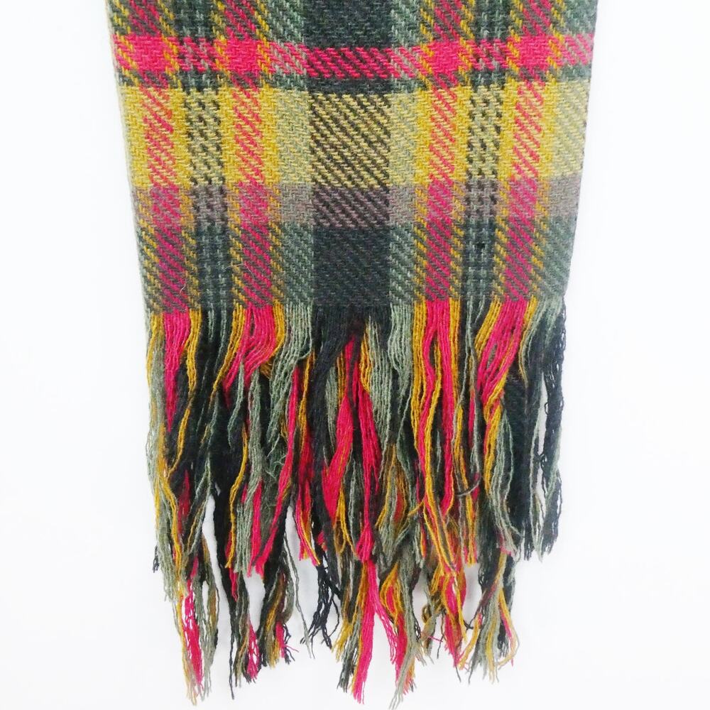 Vintage Wool Rectangle‎ Scarf Plaid Mustard Yellow Black Red Fringed Muffler